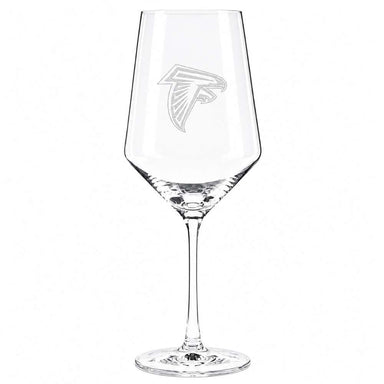Atlanta Falcons Crate & Barrel NFL Tour 18oz Red Wine Glass, Set of 4 featuring the Falcons bird logo etched on a clear stemmed wine glass