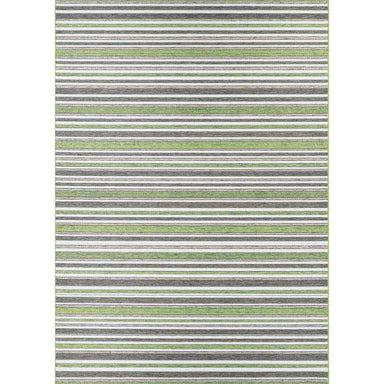 A top-down view highlights the full stripe pattern of the Couristan Cape Indoor/Outdoor Rug - Brockton/Hunter Green-Brown in neutral and green tones