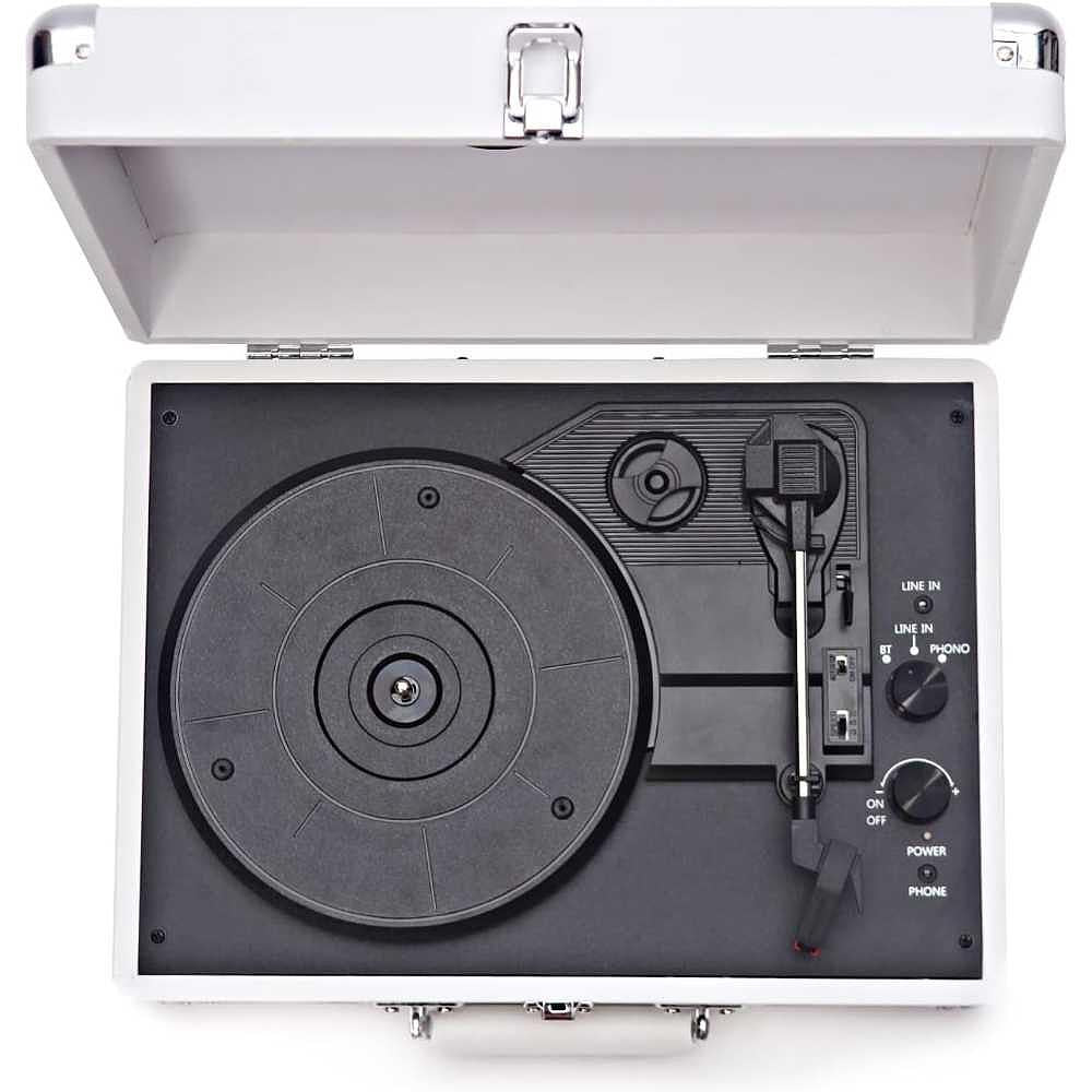 A top-down view of Arkrocket Curiosity Suitcase Bluetooth Turntable (White) showing the turntable platter and control switches