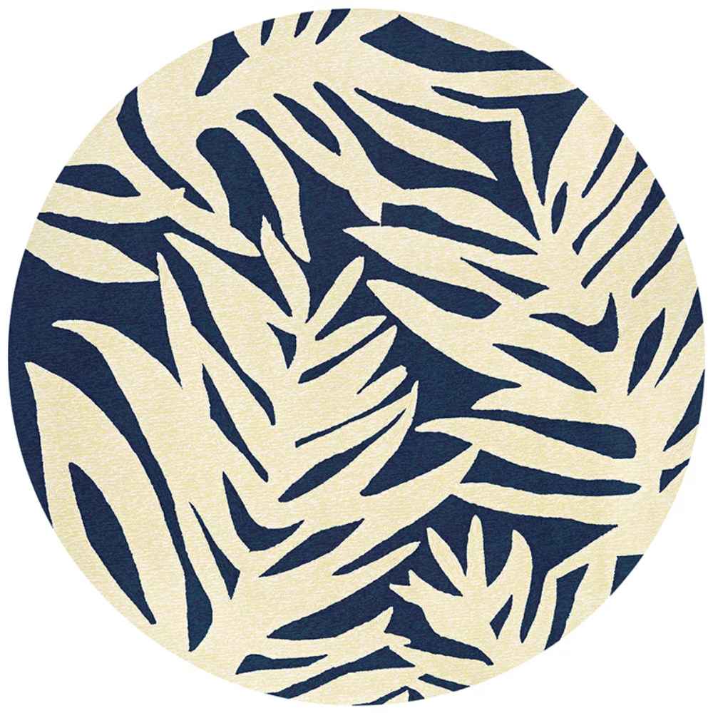 A top-down view of the 7'10 Round Couristan Covington Indoor/Outdoor Rug - Palms/Navy displays its full tropical leaf pattern in navy and ivory