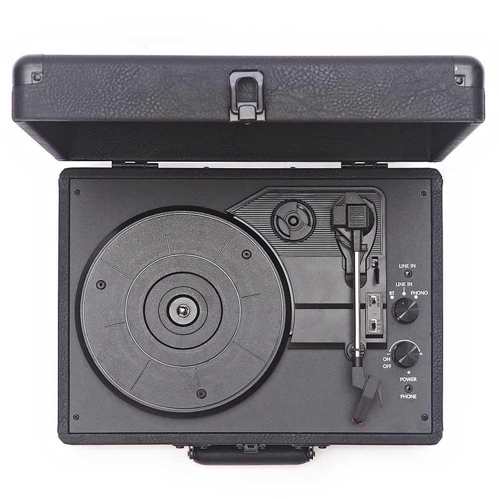 A top-down view of the Arkrocket Curiosity Suitcase Bluetooth Turntable (Black), highlighting its controls and platter inside the case