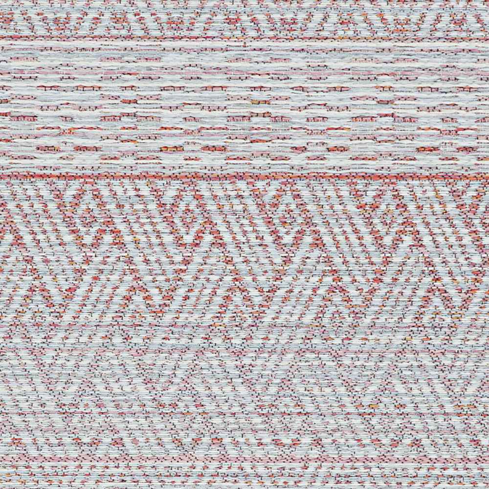 A top-down view of the Couristan Cape Indoor/Outdoor Rug - Gables/Hibiscus, highlighting its repeated zigzag and diamond motifs in soft pink and ivory