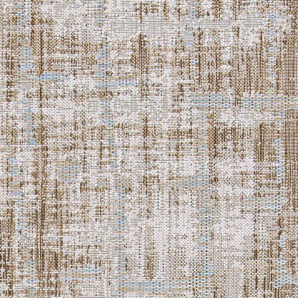 A top-down view of the Couristan Charm Indoor/Outdoor Rug - Tiverton/Sand-Ivory shows an abstract blend of sand, ivory, and grey tones in a subtle woven design