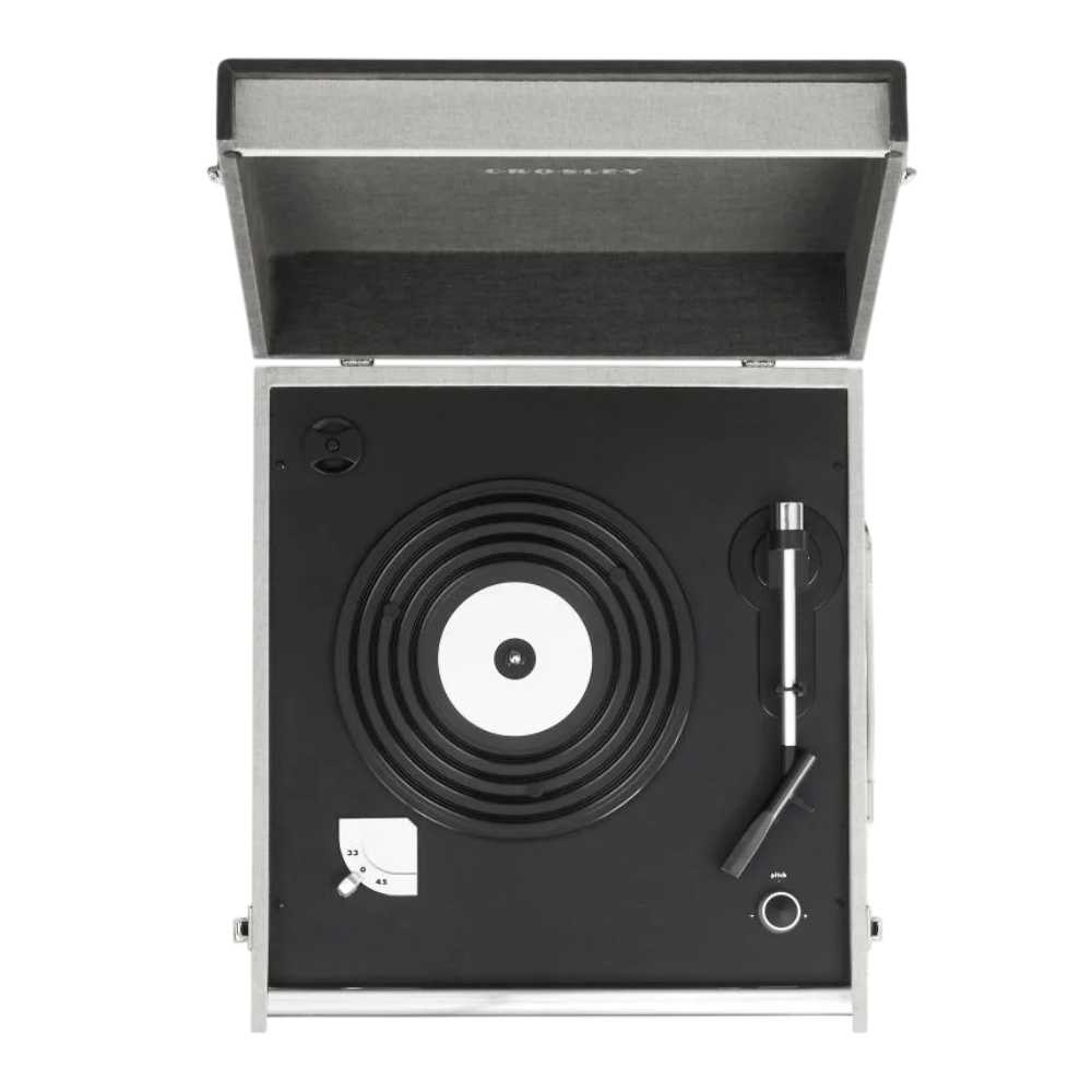 A top-down view of the Crosley Bermuda Portable Turntable with Bluetooth InOut - Black, showing the record platter, tonearm, and speed selector switch