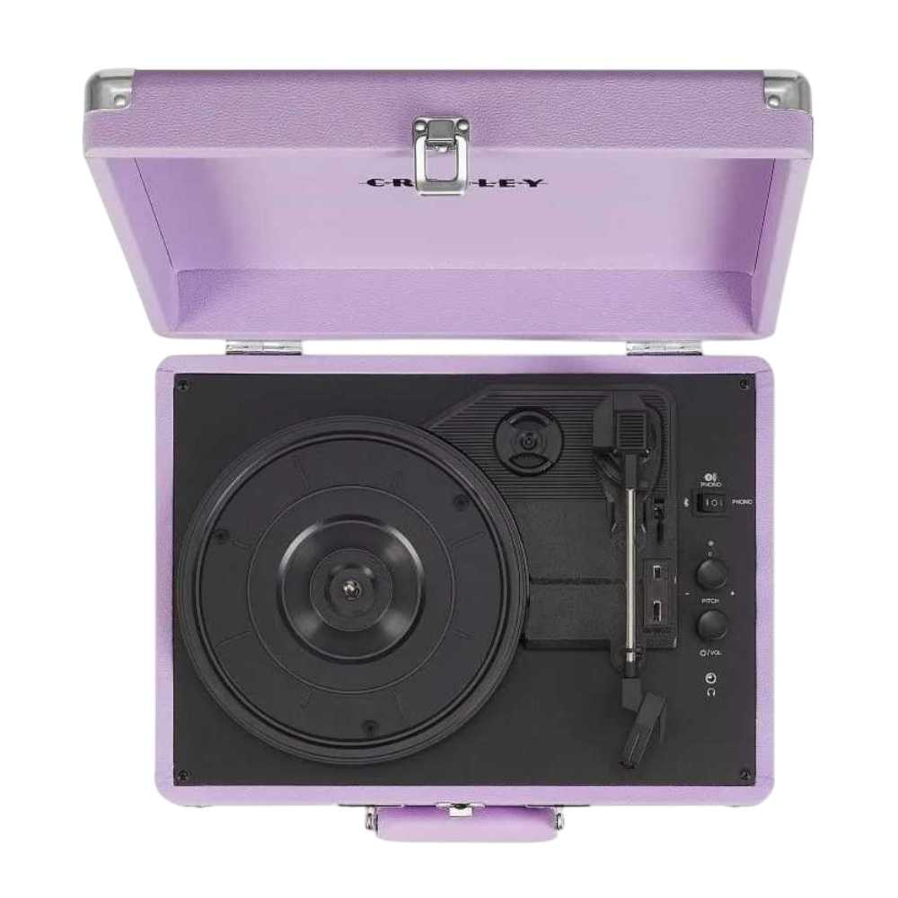 A top-down view of the Crosley Cruiser Plus Portable Turntable with Bluetooth InOut - Lavender shows the turntable's detailed components and modern controls