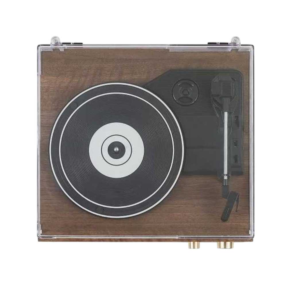 A top-down view of the Crosley Miles Record Player - Walnut highlights the turntable and tonearm under a clear protective lid