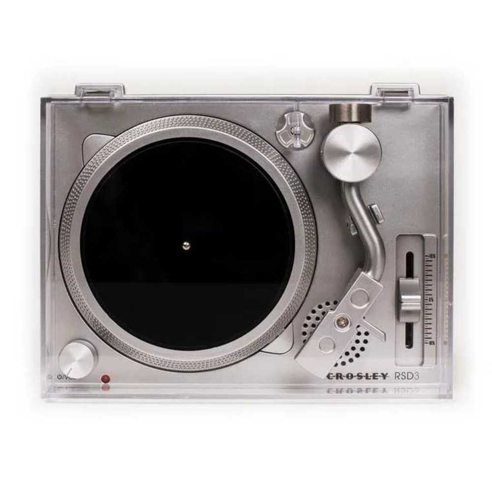 A top-down view of the Crosley RSD3 Player + Johnny Cash 3 Inch Vinyl - Set of 4 Records features the tonearm and the empty platter