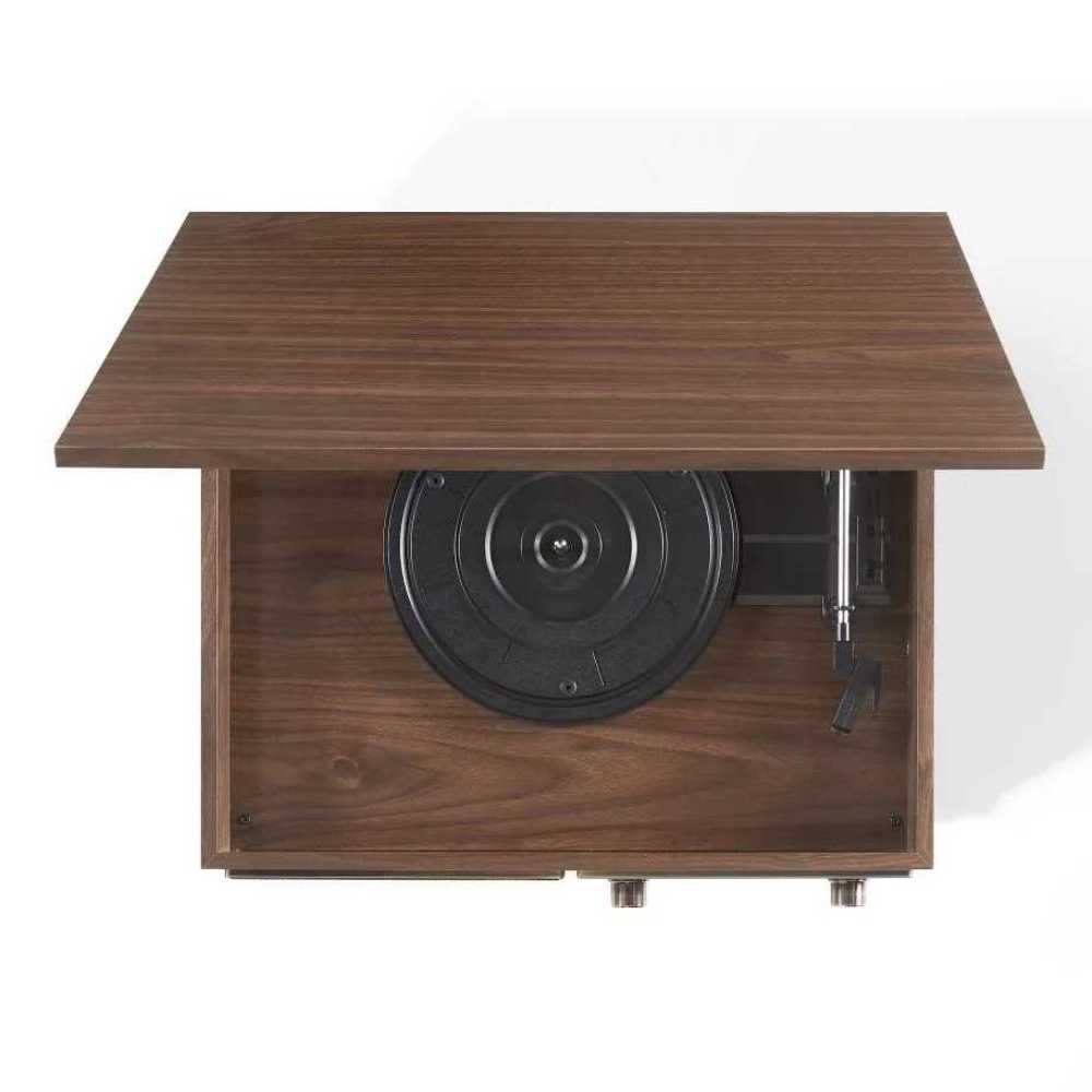 A top-down view of the Crosley Serenade 8-In-1 Record Player - Walnut reveals the turntable inside with the lid open