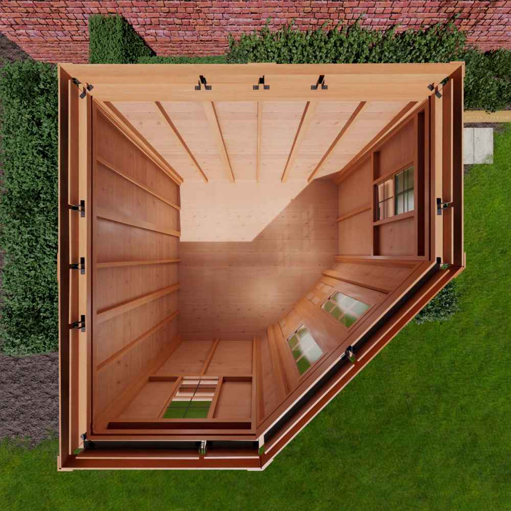 A top-down view of the Outdoor Living Today 9×9 Penthouse Garden Shed reveals its unique angled shape and wooden floor layou