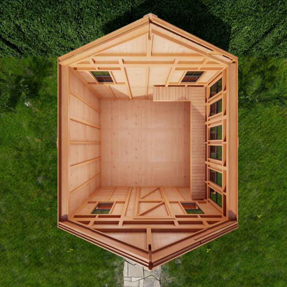 A top-down view shows the spacious empty interior and framework of the Outdoor Living Today 12×12 Sunshed Garden Shed surrounded by green grass