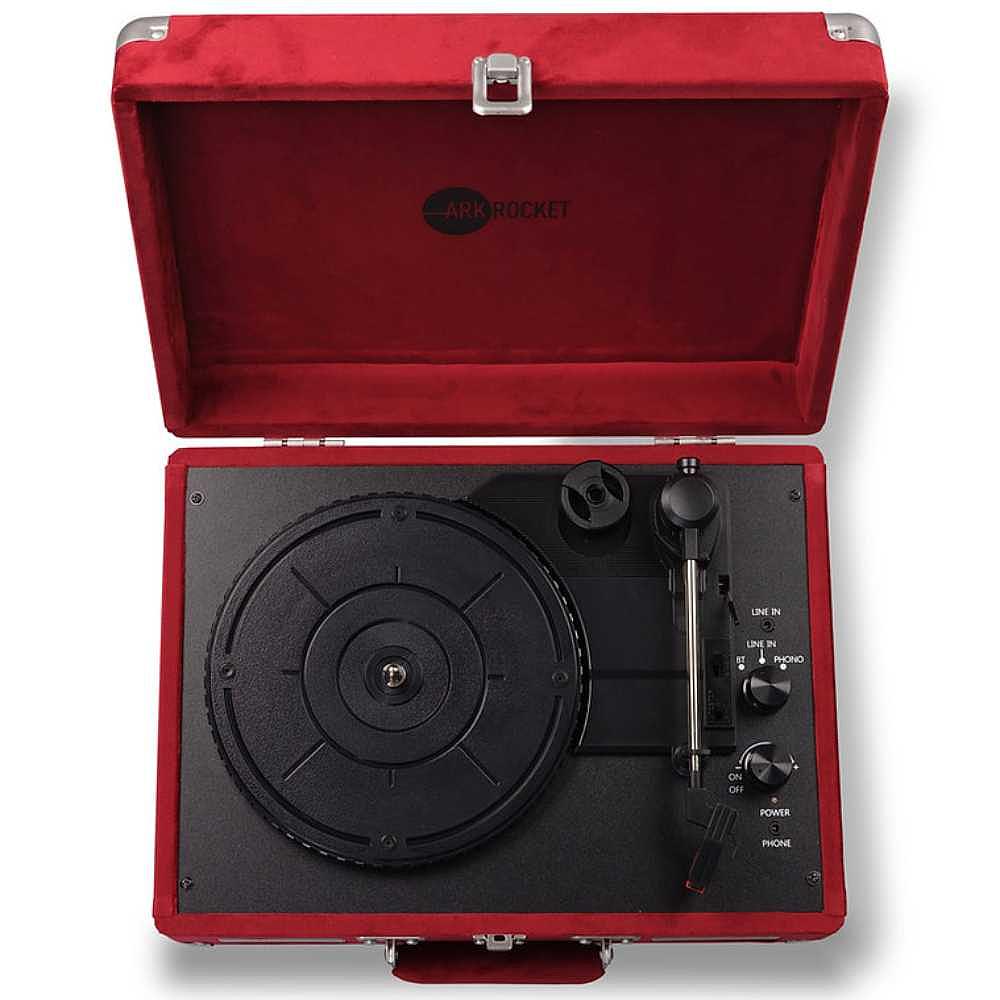 A top view of the Arkrocket Curiosity Suitcase Bluetooth Turntable (Burgundy Velvet) reveals its controls and turntable surface with the lid opened