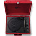 A top view of the Arkrocket Curiosity Suitcase Bluetooth Turntable (Burgundy Velvet) reveals its controls and turntable surface with the lid opened