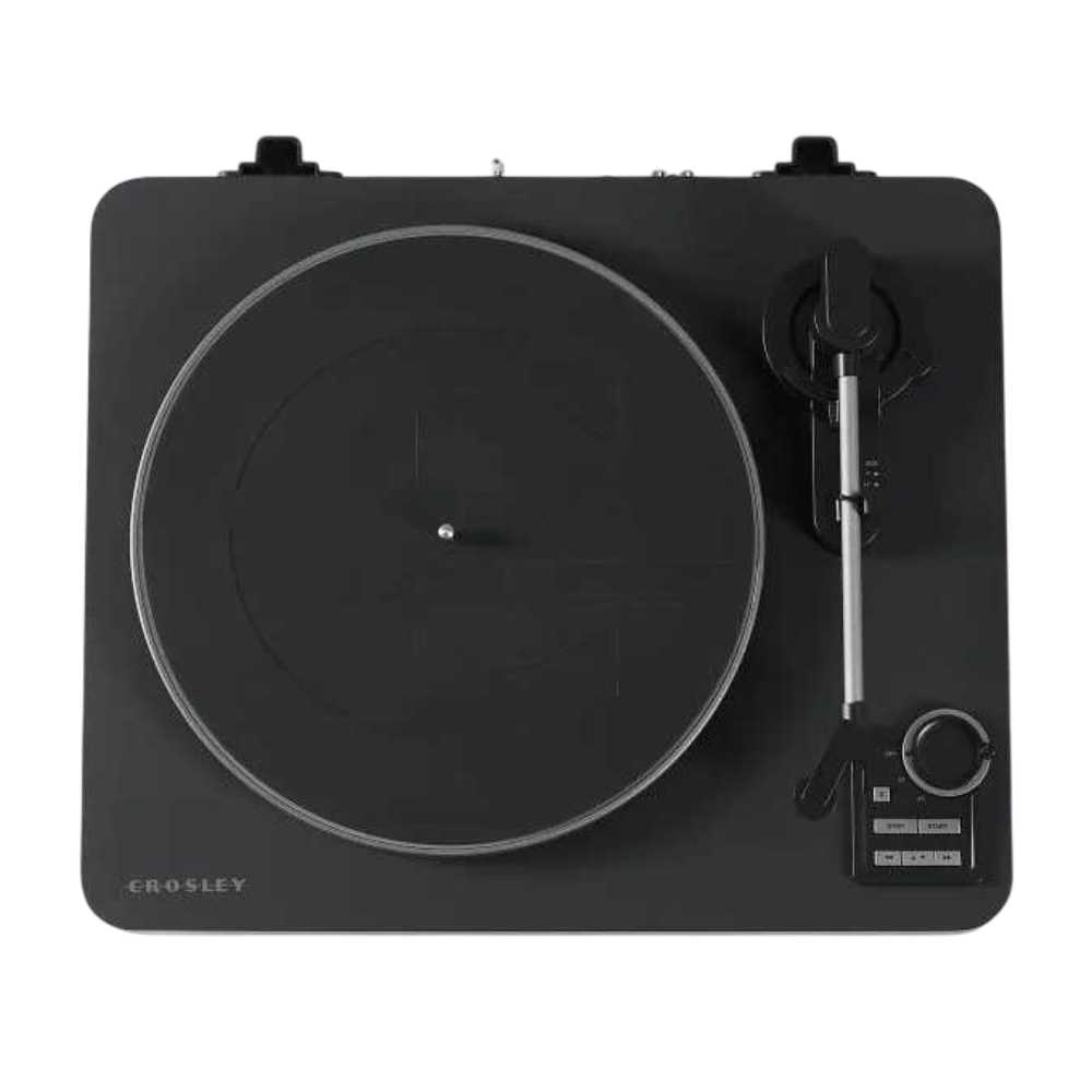 A top view of the Crosley C300 Fully Automatic Turntable - Black displays the platter, tonearm, and control panel with the dust cover removed