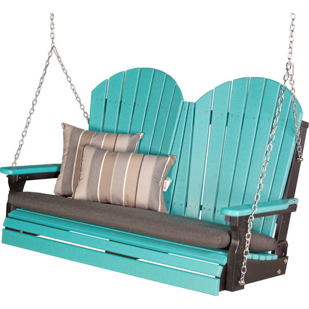 A vibrant aruba blue Adirondack swing is equipped with a gray LuxCraft 4' Seat Cushion and two striped throw pillows