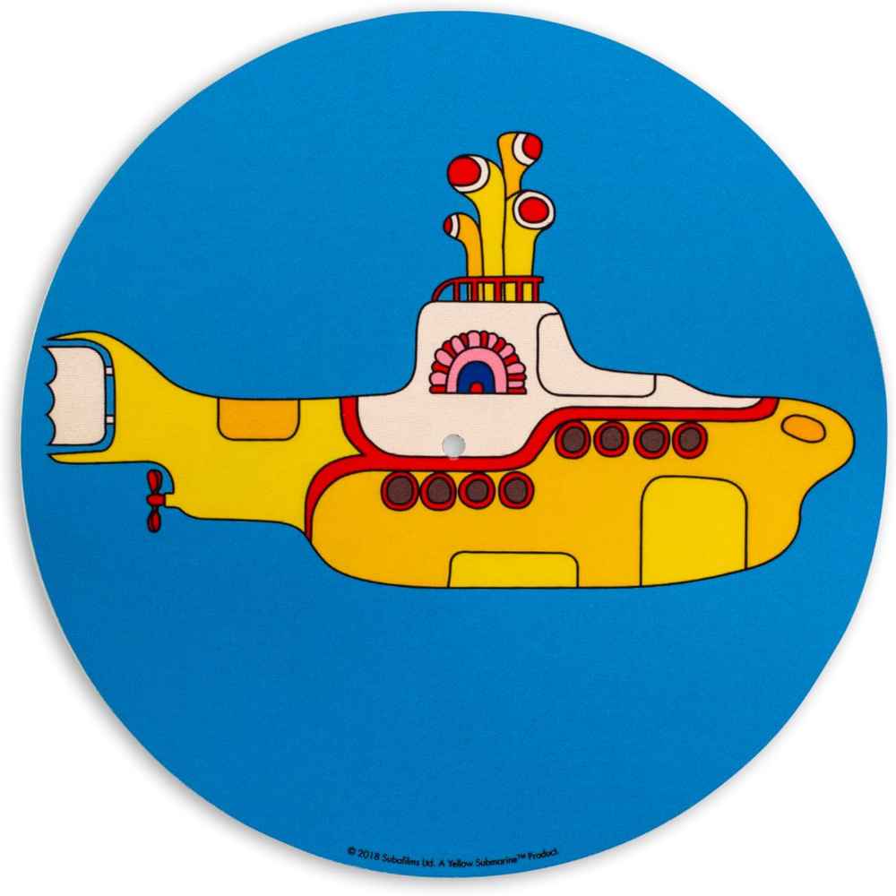 A vibrant blue and yellow circular Crosley The BEATLES Platter Pad - Yellow Submarine with a submarine illustration