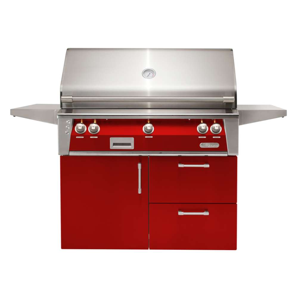 A vibrant red Alfresco Grills 42 Luxury Grill Refrigerated Cart Model stands out with its bold Carmine Red finish, stainless steel lid, and foldable side shelves