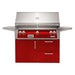 A vibrant red Alfresco Grills 42 Luxury Grill Refrigerated Cart Model stands out with its bold Carmine Red finish, stainless steel lid, and foldable side shelves