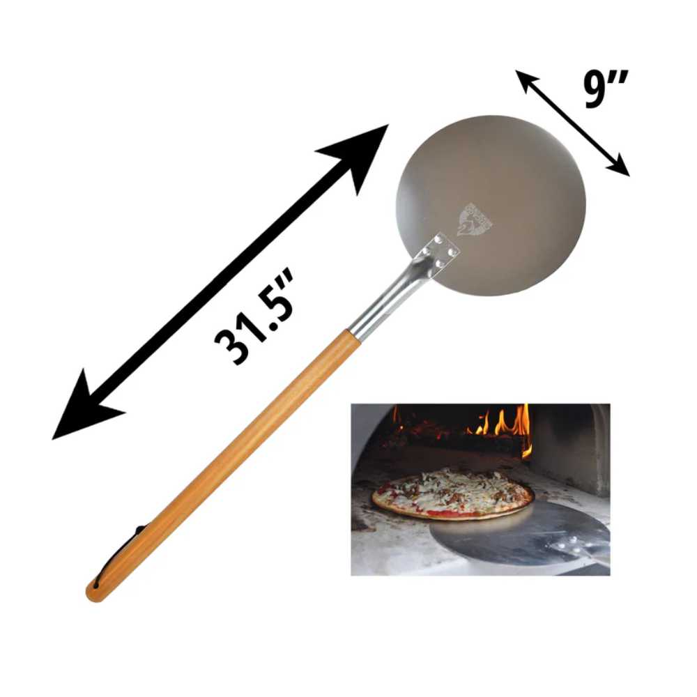 A visual of the Chicago Brick Oven Aluminum Pizza Peel - Turning Pizza Paddle, showing its 31.5-inch total length and 9-inch diameter