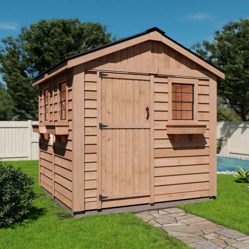 A wooden garden shed with a side row of large windows and a front door, sitting on green grass, featuring the Outdoor Living Today 8×8 Gardener Shed