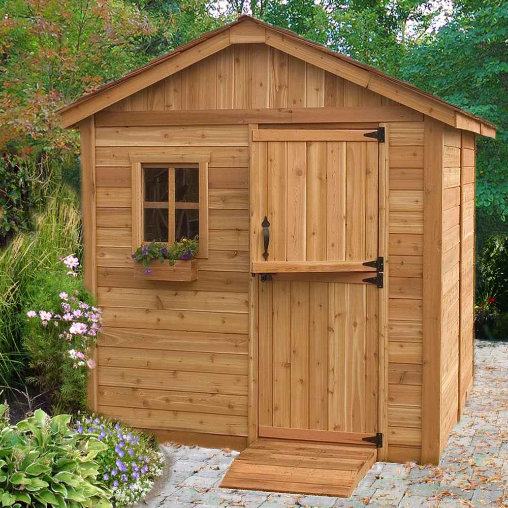 A wooden garden shed with a split barn-style door and flower box under a window, highlighting the Outdoor Living Today 8×8 Gardener Shed