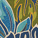 A zoomed-in section of the Couristan Covington Indoor/Outdoor Rug - Areca Palms/Brown-Forest Green displays large, overlapping tropical leaves in aqua blue, yellow, and forest green