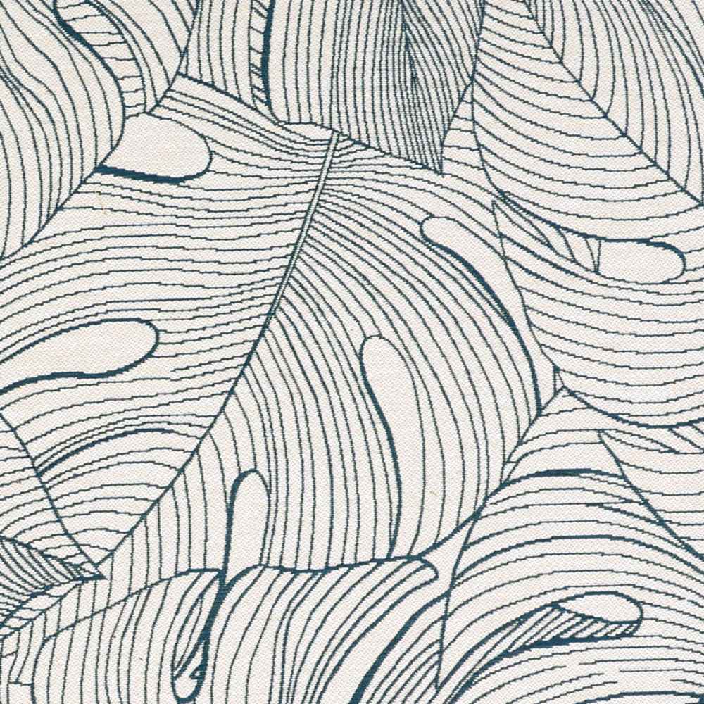 A zoomed-in view of the Couristan Castille Indoor/Outdoor Rug - Palma/Petrol reveals intricate overlapping leaf designs in fine lines