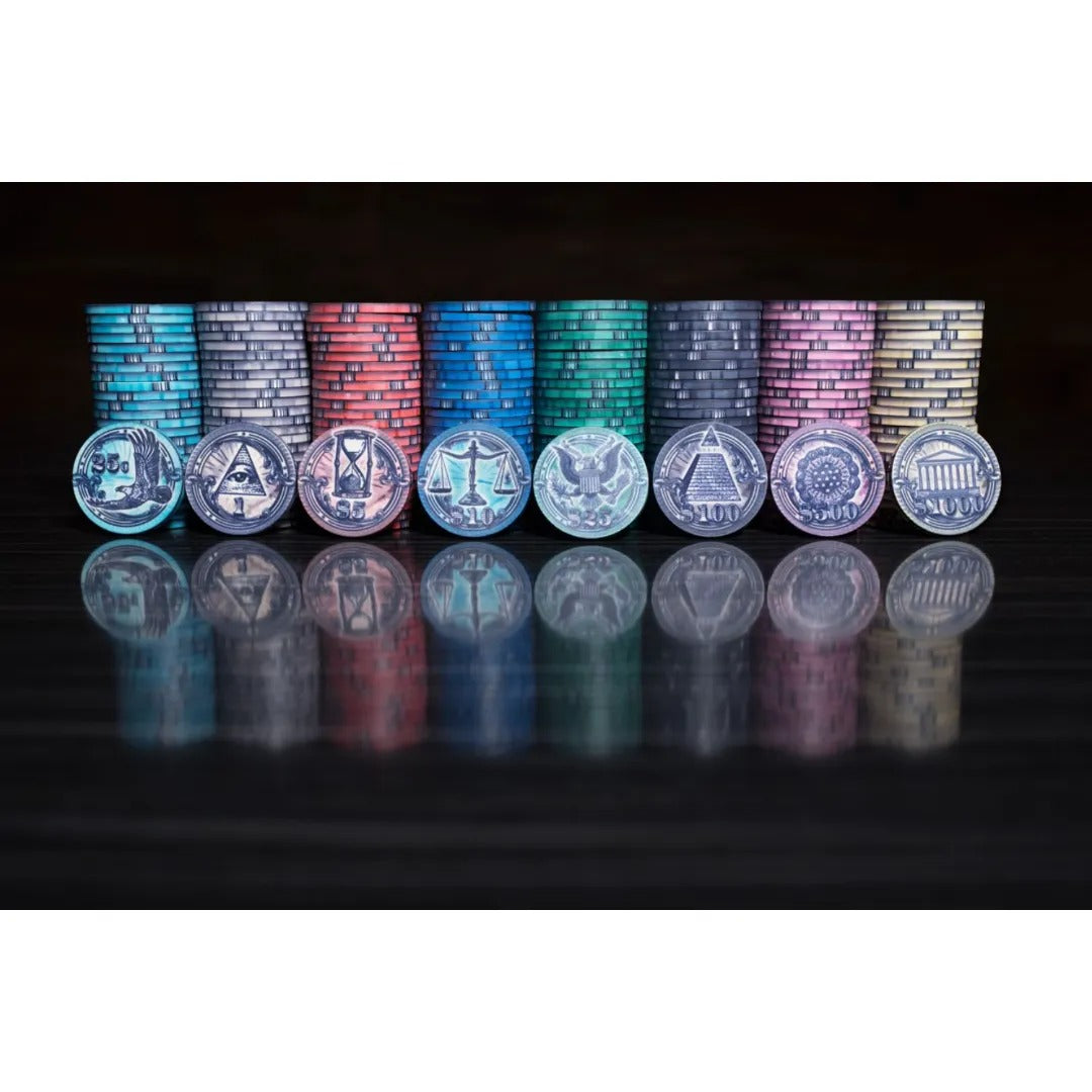 BBO Poker Tables 500pc The Mint 10g Ceramic Chip Set showcasing the unique artwork on the coin faces