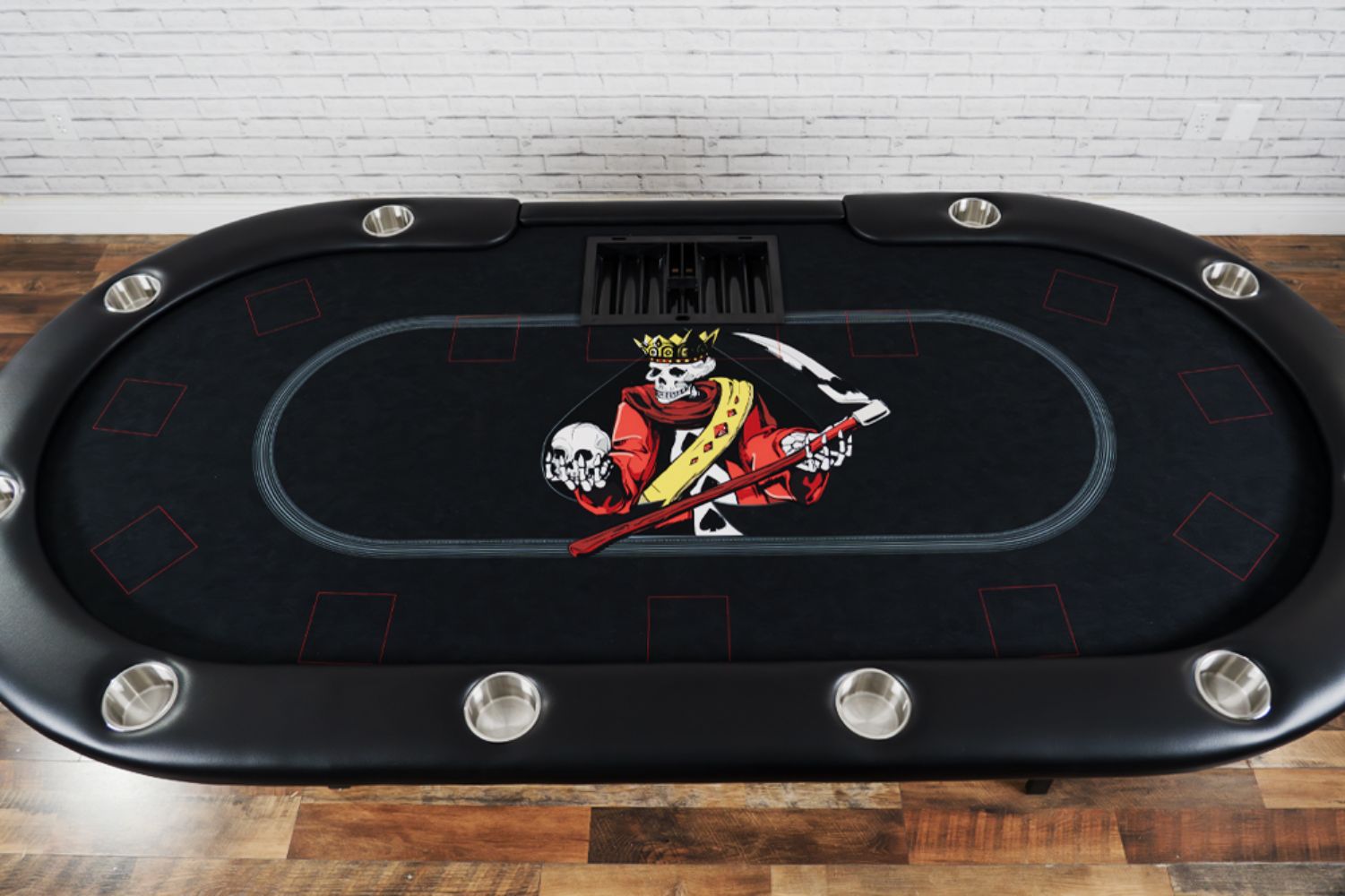 BBO Poker Tables Aces Pro Plus Poker Table displays its foldable frame, stainless steel cup holders, and bold skull design set against a black backdrop