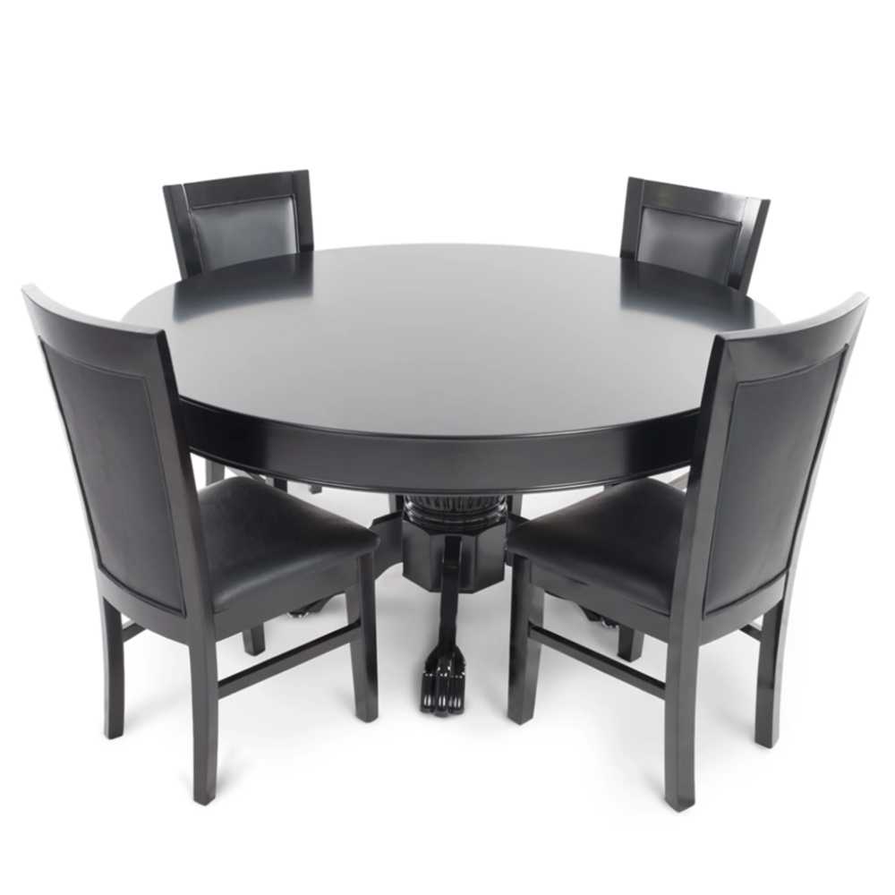 BBO Poker Tables Black Round Dining Top (Nighthawk/Ginza) shows a full dining setup with black chairs around a stylish, round, black dining table