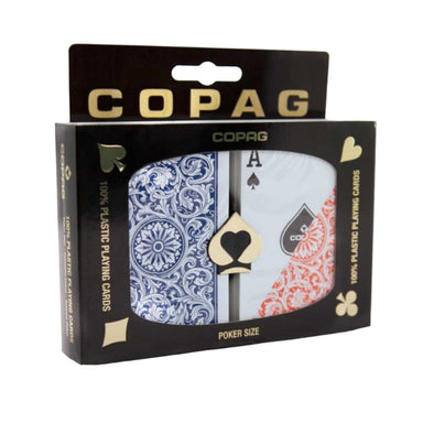 BBO Poker Tables Copag Masters 100% Plastic Playing Cards come in a stylish black box with intricate blue and red card designs