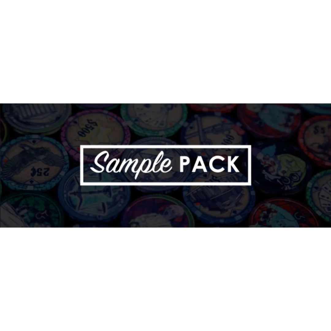 BBO Poker Tables Poker Chip Sample Pack image features a variety of colorful poker chips with Sample Pack written prominently in a white rectangular frame