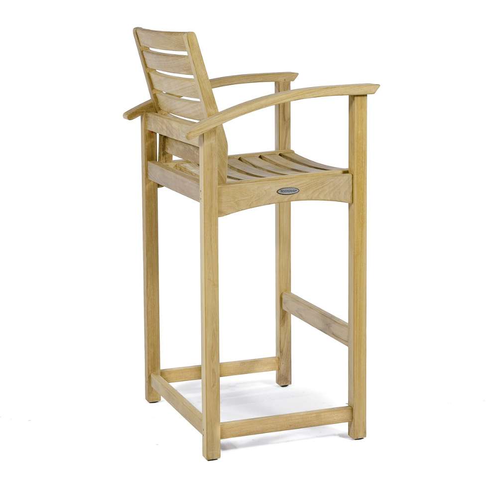 Back and side angle of a tall wooden chair with a slatted seat and armrests is shown against a white background, featuring Westminster Teak Somerset Teak Bar Stool