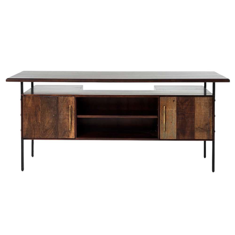 Back of Crate & Barrel Sedgwick Solid Acacia Wood Desk with Storage shows two side cabinets with doors and open center shelving