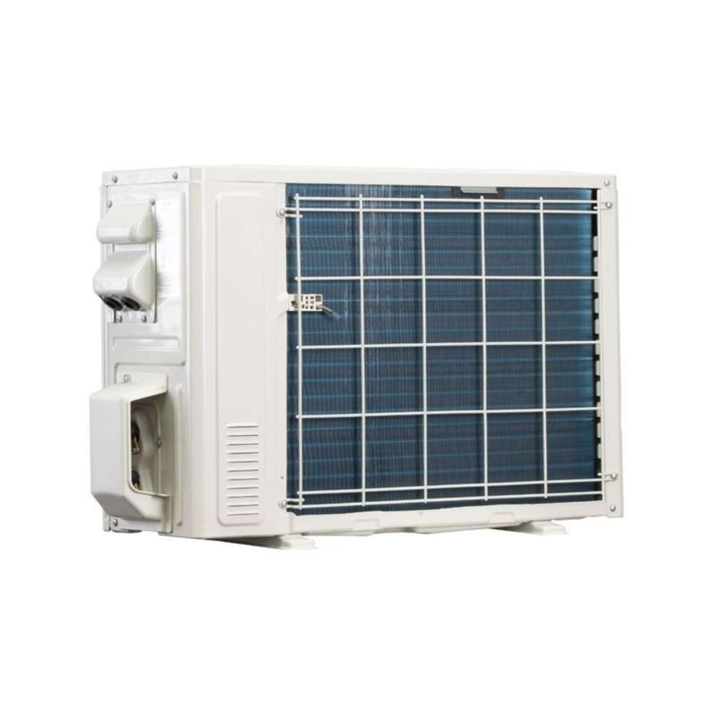 Back of the condenser for ACiQ 18000 BTU Essentials 20 SEER2 Single Zone Wall Mount Mini Split Heat Pump System from the left, showing blue aluminum coil fins behind a square white wire grid