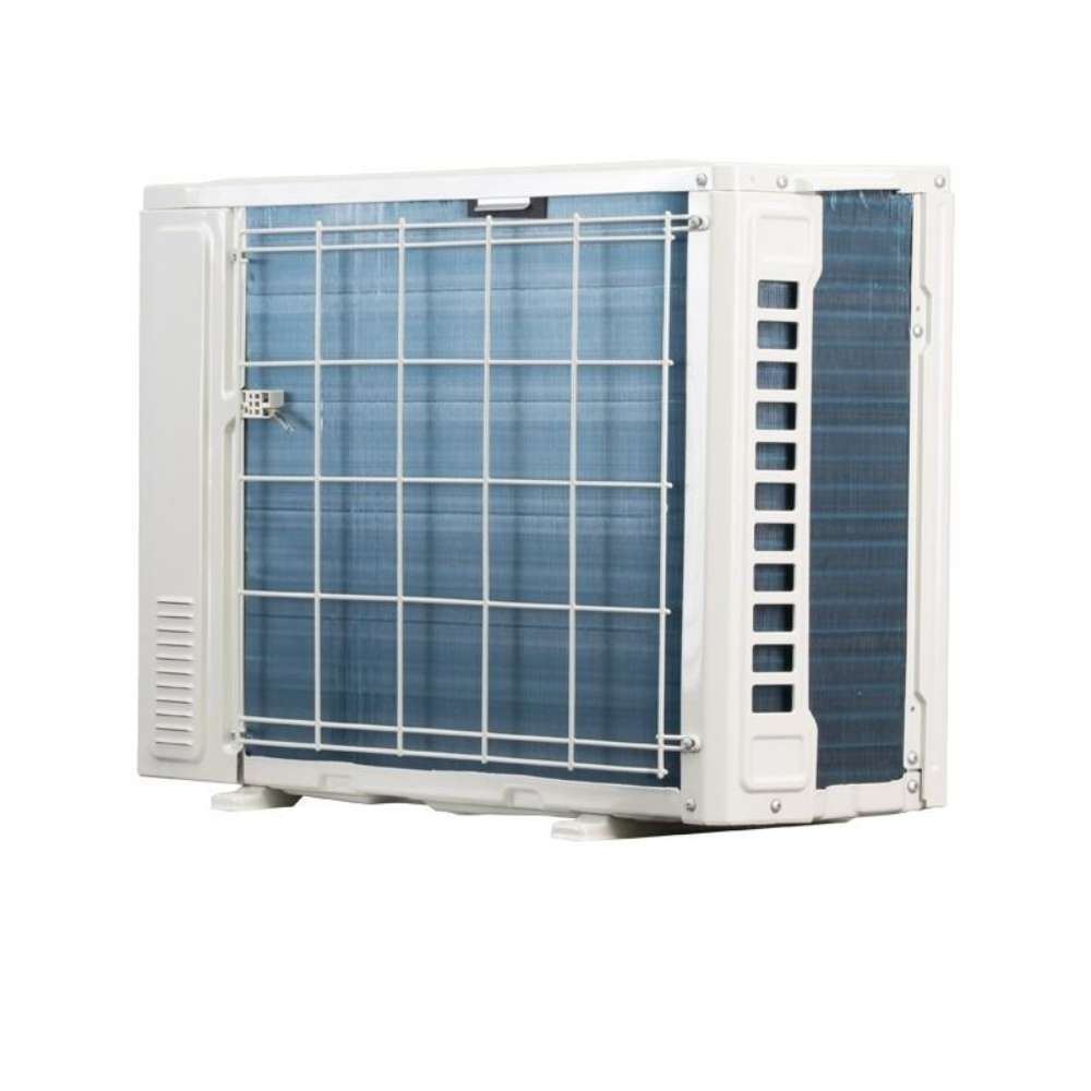 Back right view of the condenser for ACiQ 24000 BTU Essentials 20 SEER2 Single Zone Wall Mount Mini Split Heat Pump System with blue coils, a white wire grille and slotted side vents