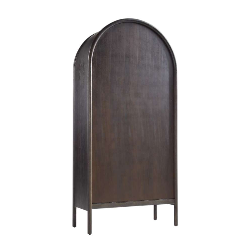 Back view of Crate & Barrel Annie 38" Charcoal Brown Storage Cabinet with an arched silhouette and rich dark wood finish