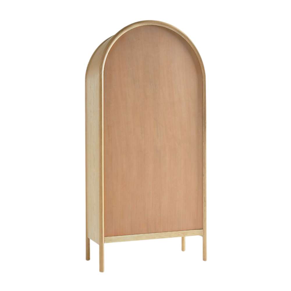 Back view of Crate & Barrel Annie 38" Natural Storage Cabinet with an arched silhouette and natural oak finish