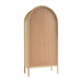 Back view of Crate & Barrel Annie 38" Natural Storage Cabinet with an arched silhouette and natural oak finish