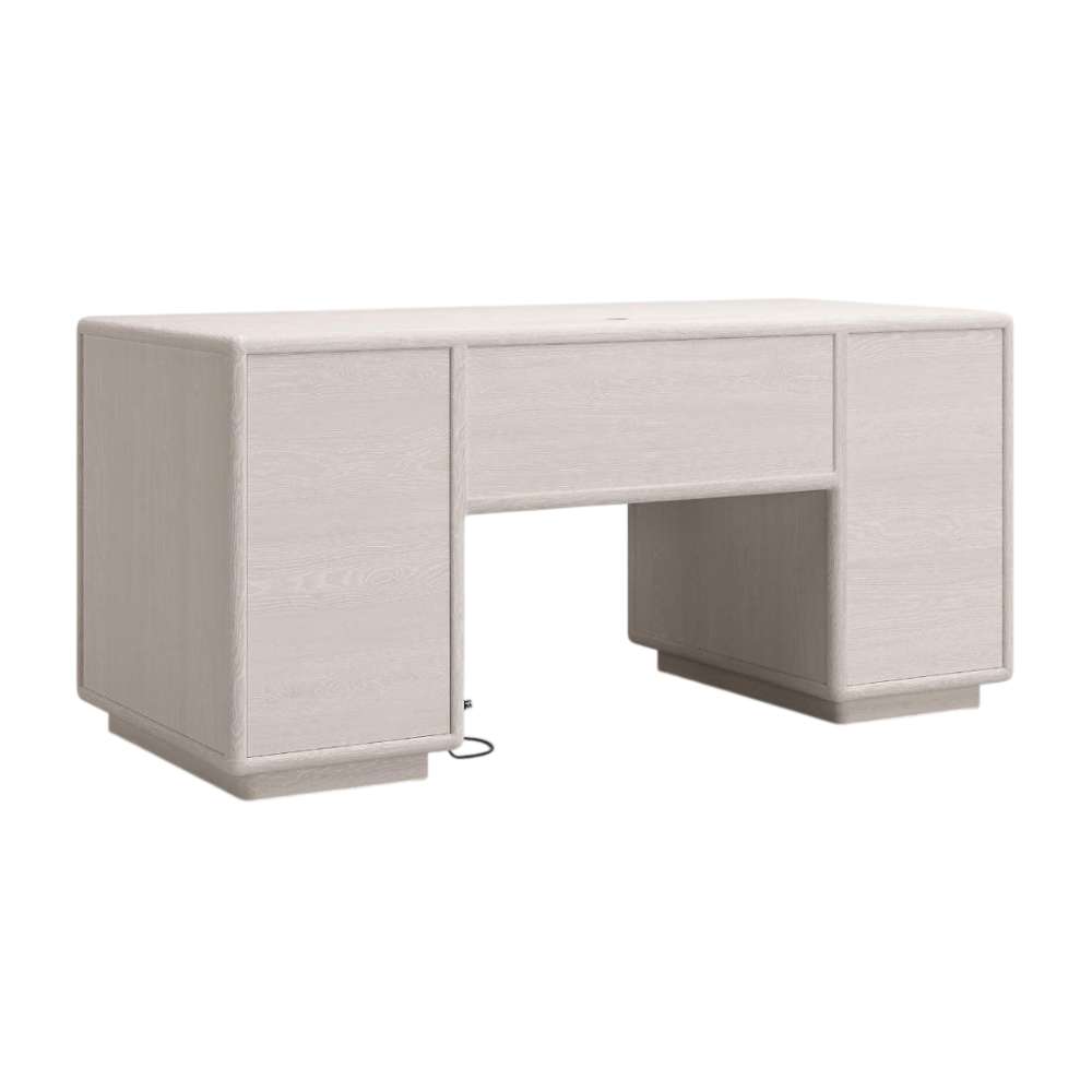 Back view of Crate & Barrel Lafayette 64" Whitewashed Desk with Outlets showing the closed rear panels and center opening