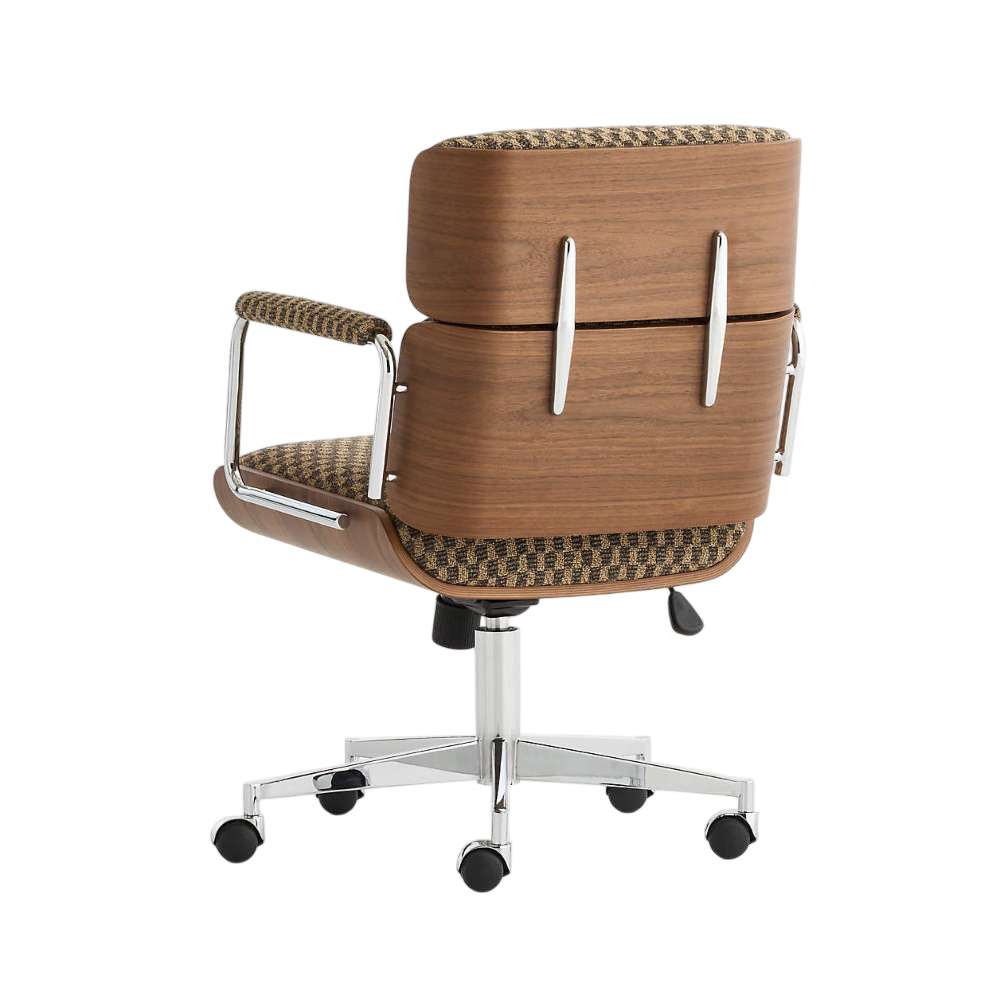 Back view of Crate & Barrel Palmer Upholstered and Wood Paneled Office Chair featuring walnut wood paneling, chrome details, and rolling casters