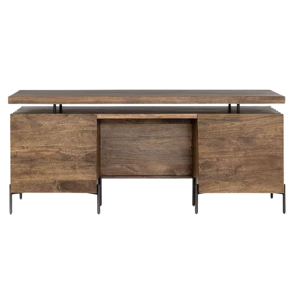 Back view of Crate & Barrel Raffael Carved Wood Executive Desk showing the smooth wood panels, modesty panel, and rear cabinet doors