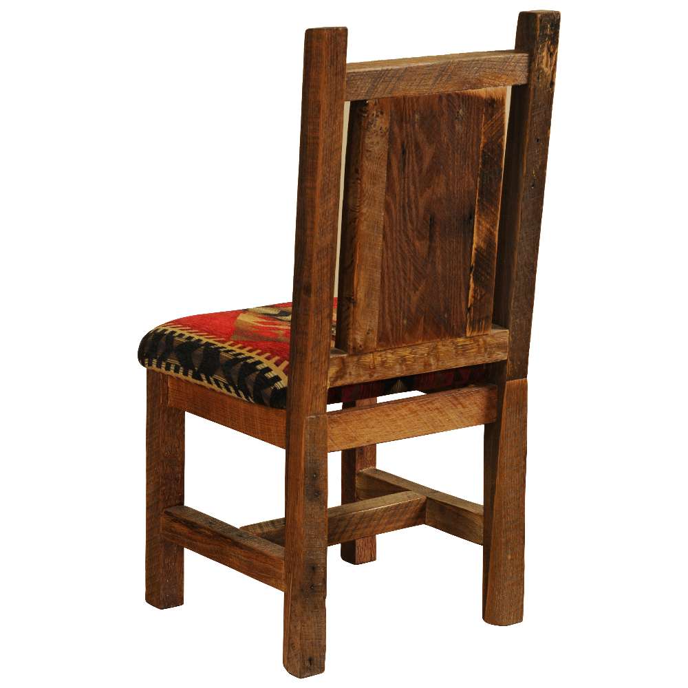 Back view of Fireside Lodge Barnwood Artisan Upholstered Side Chair highlighting its handcrafted barnwood frame and patterned upholstered seat