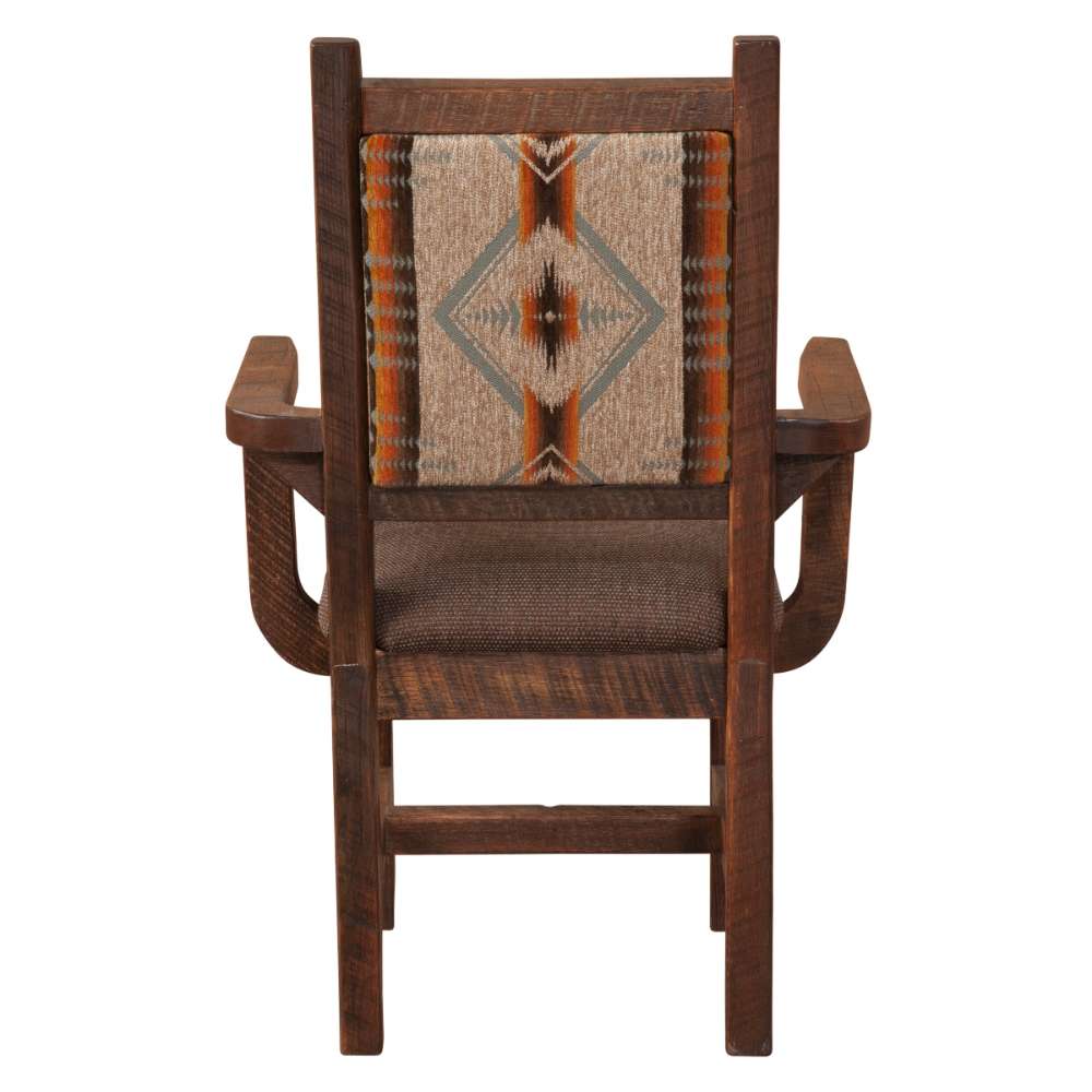 Back view of Fireside Lodge Barnwood Colonial Arm Chair displaying the strong wood frame and patterned woven backrest