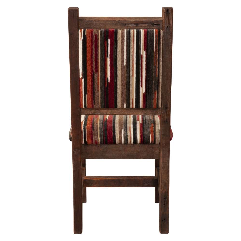 Back view of Fireside Lodge Barnwood Colonial Side Chair showing its rustic barnwood frame and striped upholstered seat and back
