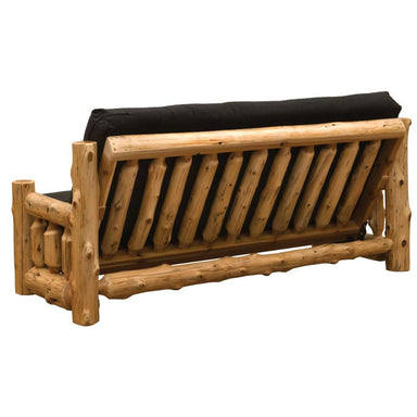 Back view of Fireside Lodge Cedar Log Futon with 8" Inner-Spring Mattress revealing its slatted log support system and solid rustic wood frame