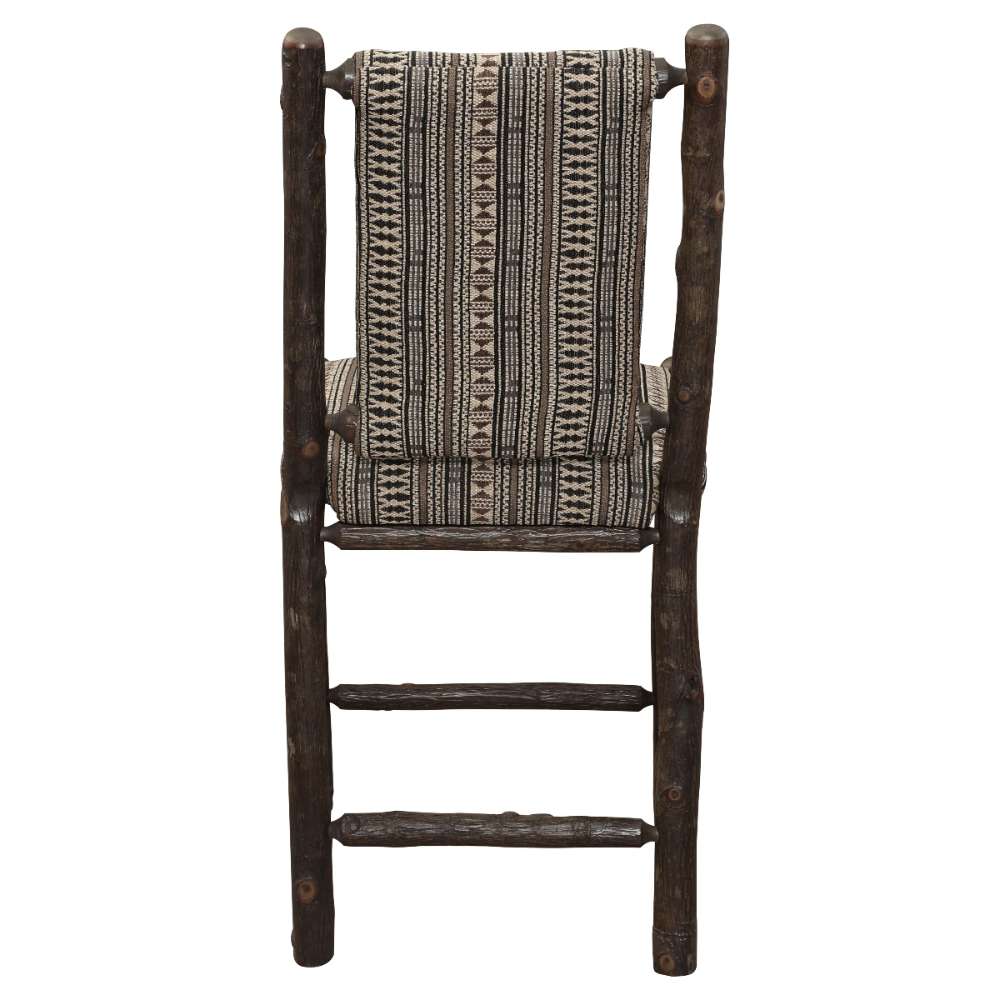 Back view of Fireside Lodge Hickory Log Upholstered Counter Stool showcases its natural log construction and fully upholstered patterned backrest