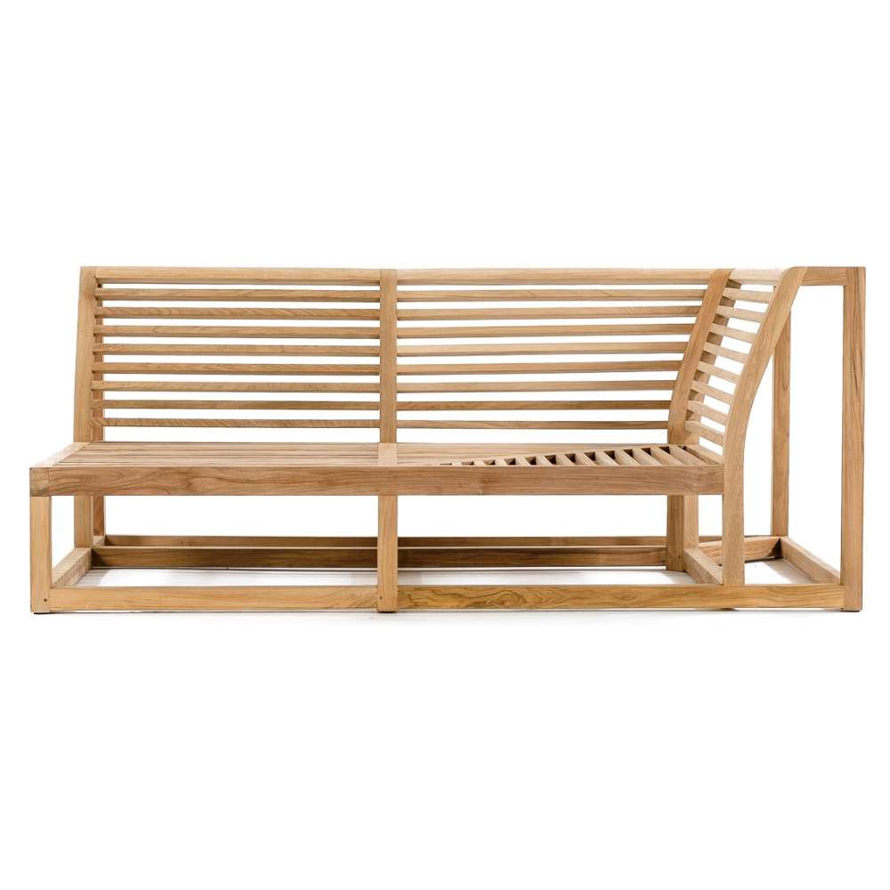 Back view of a teak sectional bench from Westminster Teak Maya 4pc Lounge Set, highlighting horizontal slats and a solid rectangular frame design