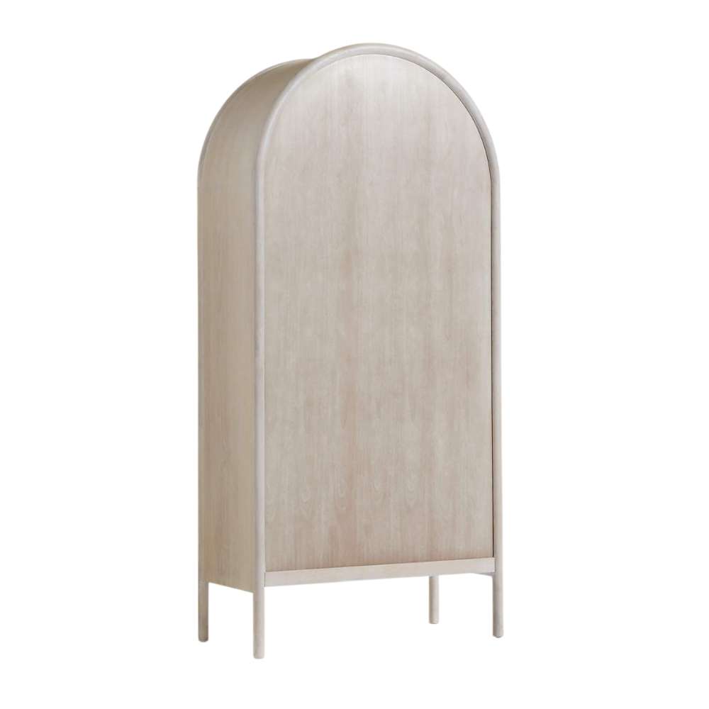 Back view of the tall arched Crate & Barrel Annie 38" Whitewash Storage Cabinet in a light whitewashed oak finish