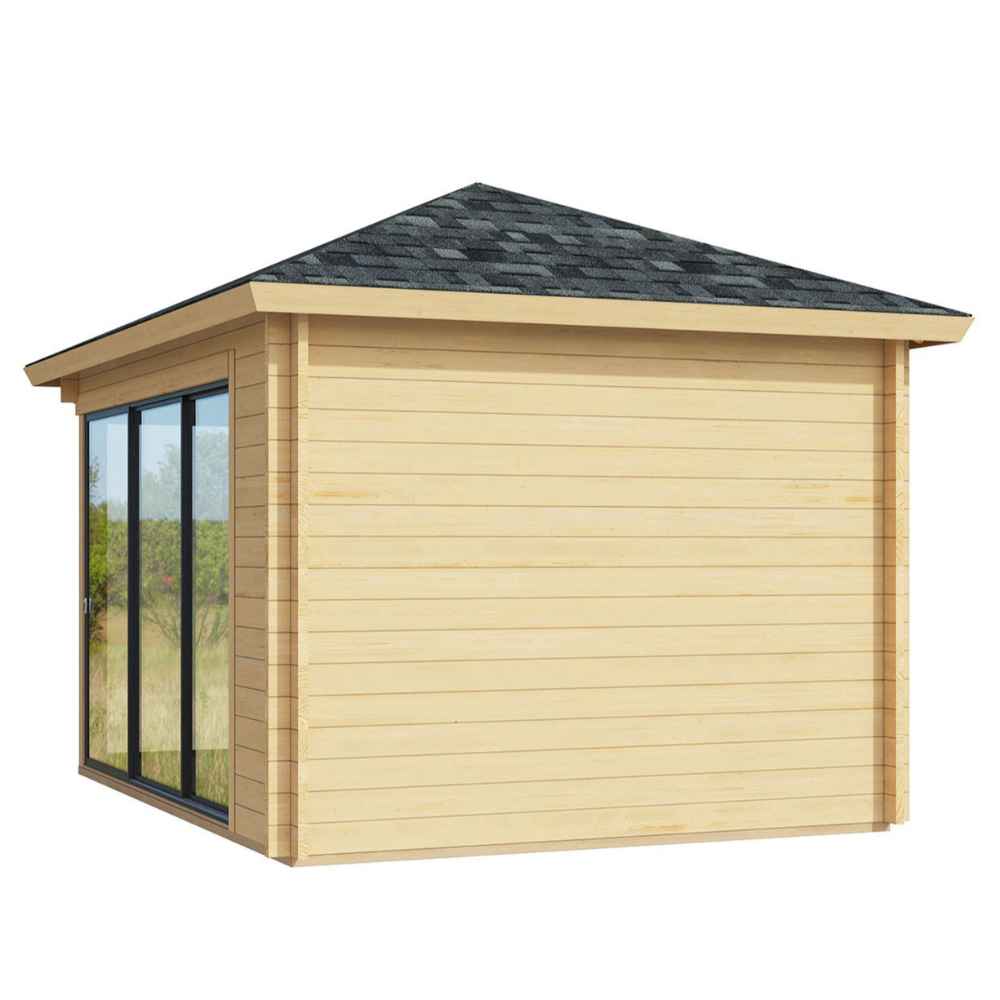 Back angled view illustrates the solid wood rear wall of the GardenHouse24 USA Pavilion ALU 44B Garden Room