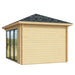 Back angled view illustrates the solid wood rear wall of the GardenHouse24 USA Pavilion ALU 44B Garden Room
